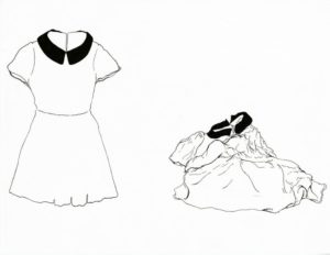 A pen drawing of a dress on the left and then a wrinkled pile on the right