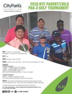 A flyer for the 2019 CityParks Parent/Child Golf Tournament featuring a group photo of past participants and then event information