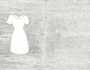 A line drawing with a dress shaped space on the left side