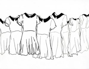 A pen drawing of dresses stacked on top of each other in a horizontal line