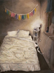 A still-life painting of a messy bed in a dark room with a single lamp in the corner
