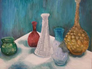 A still life painting of vases of various heights, widths and colors
