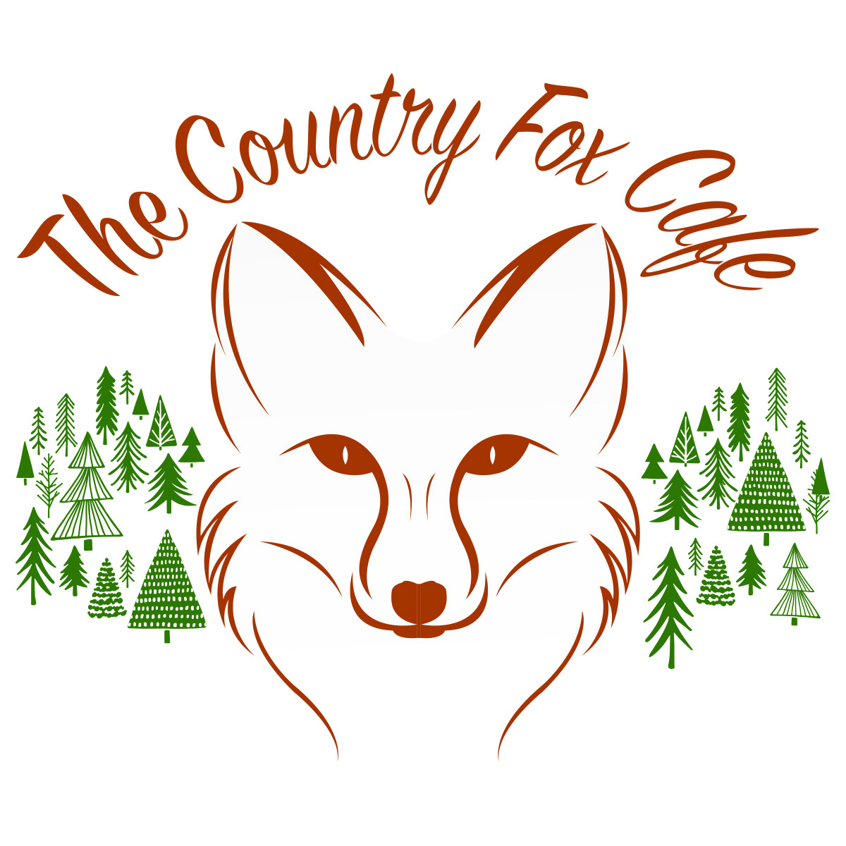 A logo for "the Country Fox Cafe" featuring an outline drawing of a fox head in orange with various rustic looking tree drawing around it