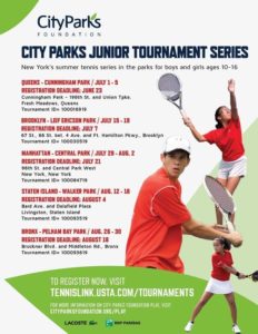 A flyer for the CityParks Junior Tennis Tournament Series feautirng event information and various photos of students in the program playing tennis