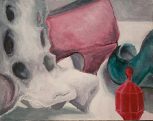 A close-up still life painting featuring animal bone and two shoes; all done using red, green and black and white paint.