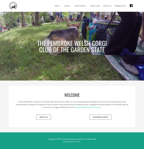 A screenshot of the new Pembroke Welsh Corgi Club of the Garden State website