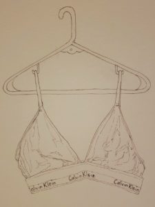 A pen drawing of a bra on a hanger