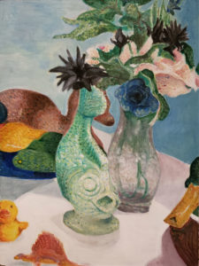 A still live painting featuring toy ducks, a fish statue, and a vase of fake flowers