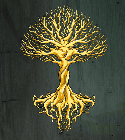 Iron Oak Smokehouse logo; a golden tree with elaborate branches and roots on a dark wooden background