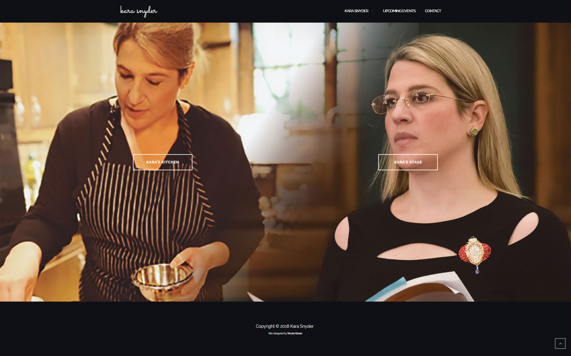 A screenshot of a web page for Kara Snyder's personal website - the homepage features two photos of her side by side