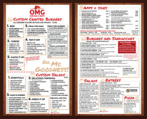 Front and back pages for OMG Burger's menu