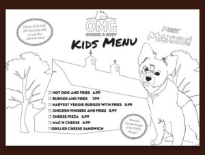 A black and white kids coloring menu for OMG Menu with a dog and the restaurant's barn