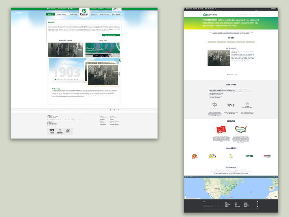 Two website screenshots side by side of the About Us page of the Pocono ProFoods website