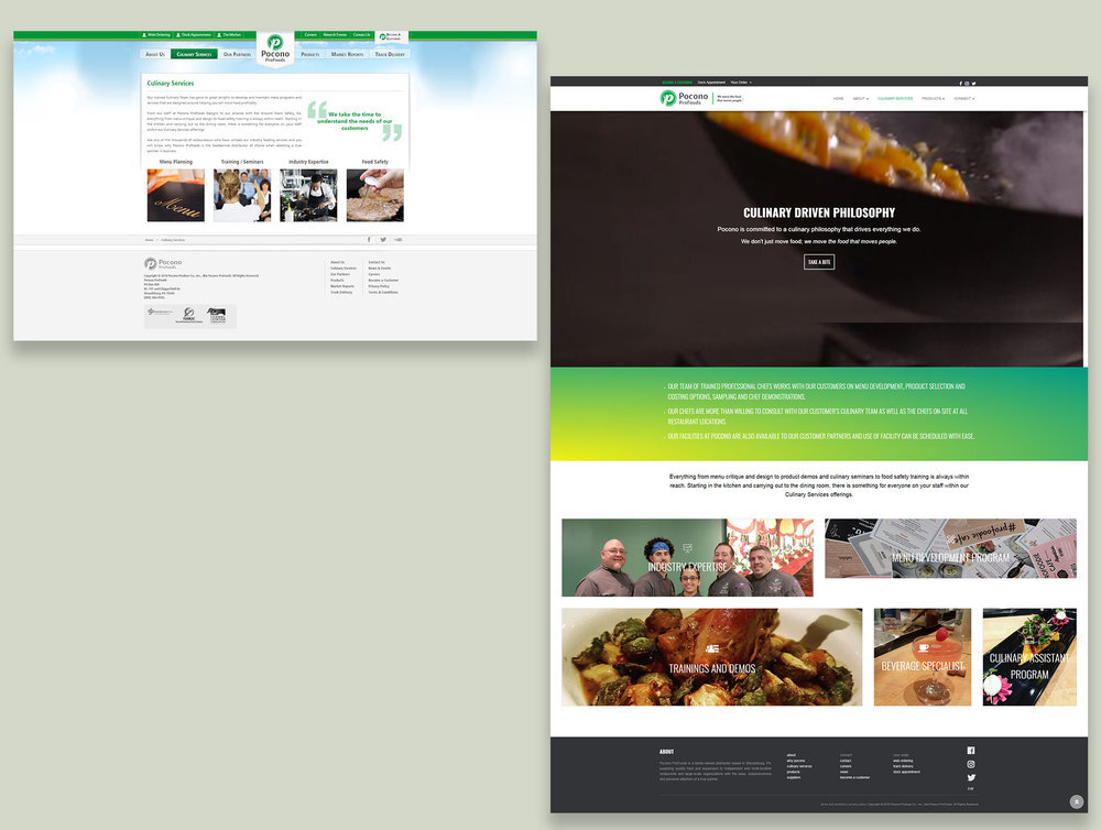 Two website screenshots side by side of the Culinary Services page of the Pocono ProFoods website