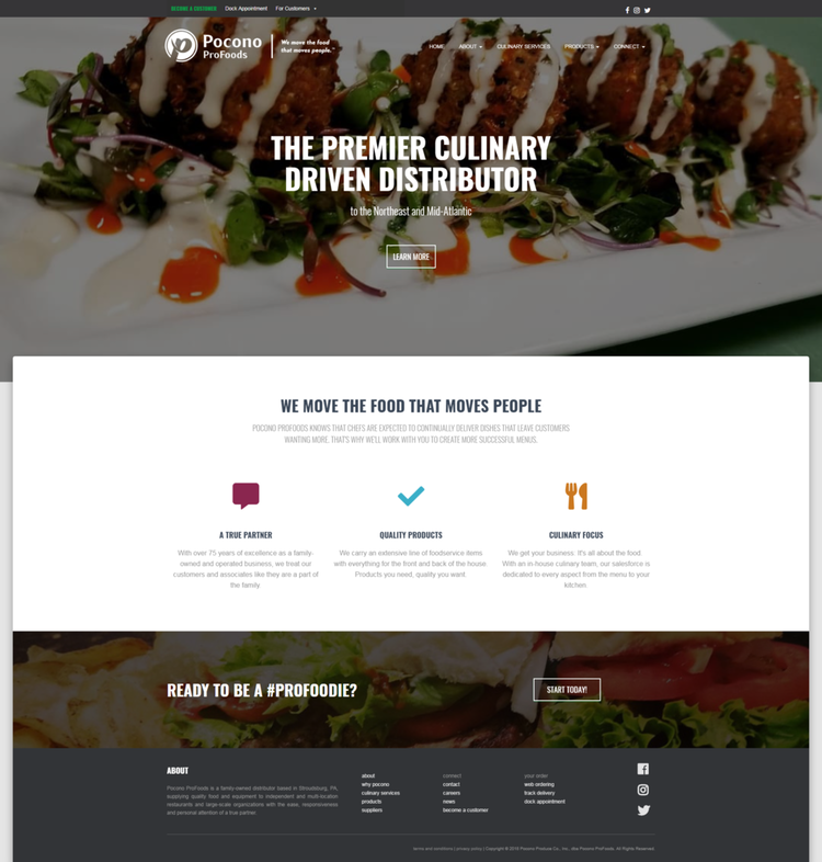 A screenshot of the new homepage for the Pocono ProFoods website