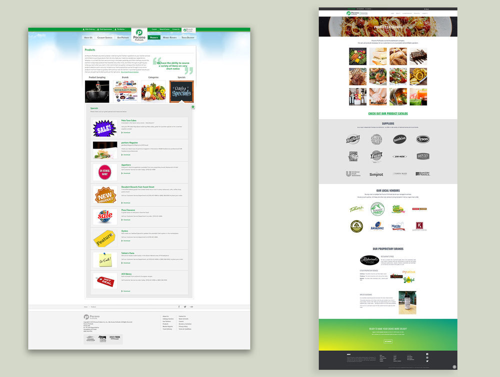 Two website screenshots side by side of the Products page of the Pocono ProFoods website