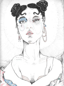 A illustrative portrait of FKA Twigs done in pen and ink. It is all black and white minutes select areas of color