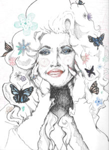 A pen ilustration of Dolly Parton with colorful flowers and butterflies in her hair and heart figures on her cheeks