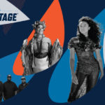 An email banner for SummerStage; it features orange, blue and silver leaf silhouettes in various arrangements with the SummerStage logo in the top left corner and grey scale artist photos