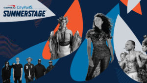 An email banner for SummerStage; it features orange, blue and silver leaf silhouettes in various arrangements with the SummerStage logo in the top left corner and grey scale artist photos