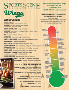 A wing menu with a flavor thermometer for Sports Scene
