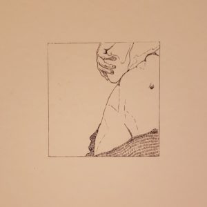 A square drawing of a woman's hips and arm