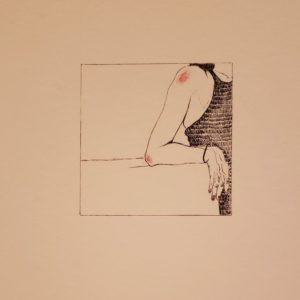 A square drawing of a red elbow leaning on a table