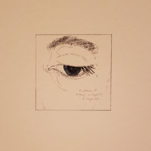 A square drawing of an eye up close