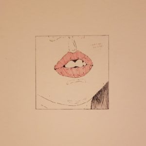 A square drawing of a mouth up close with red line lips