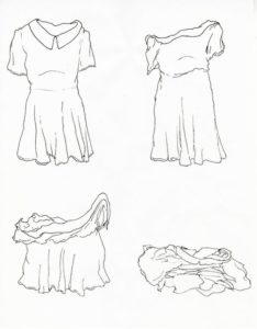 Line drawing of a dress in various states of dress/undress