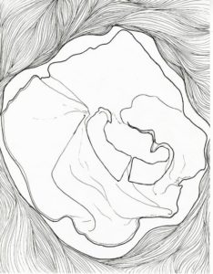 A line drawing of a wrinkled dress surrounded by swirled lines