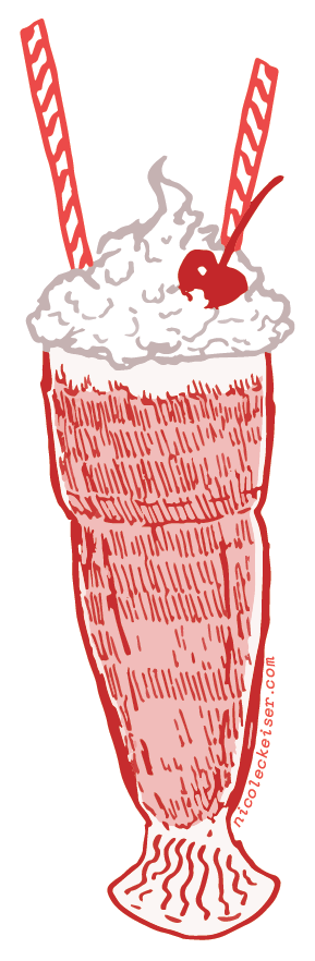 An illustrated milkshake in red. There are two straws, a cherry, and whipped cream at the top of the glass.